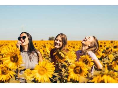 Three Confident Girls in Sunflower Field